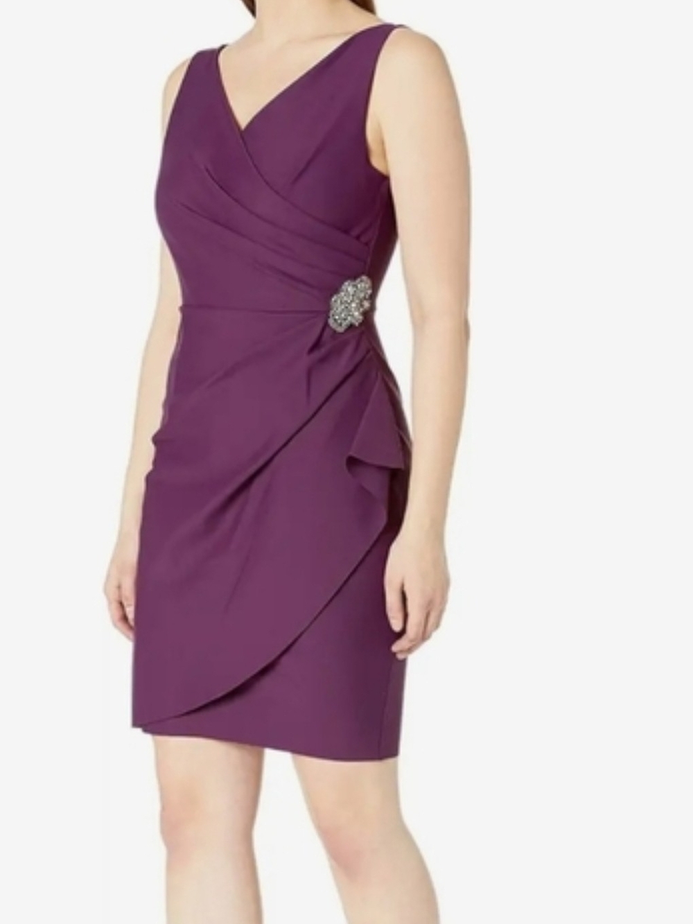 Alex Evenings Plum Sleeveless V-Neck Sheath Dress with Jeweled Side Accent